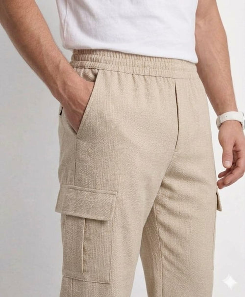 Beige Textured Cargo Relaxed Trouser