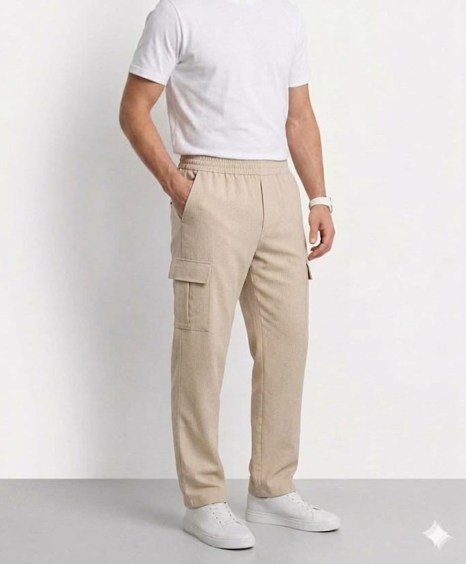 Beige Textured Cargo Relaxed Trouser