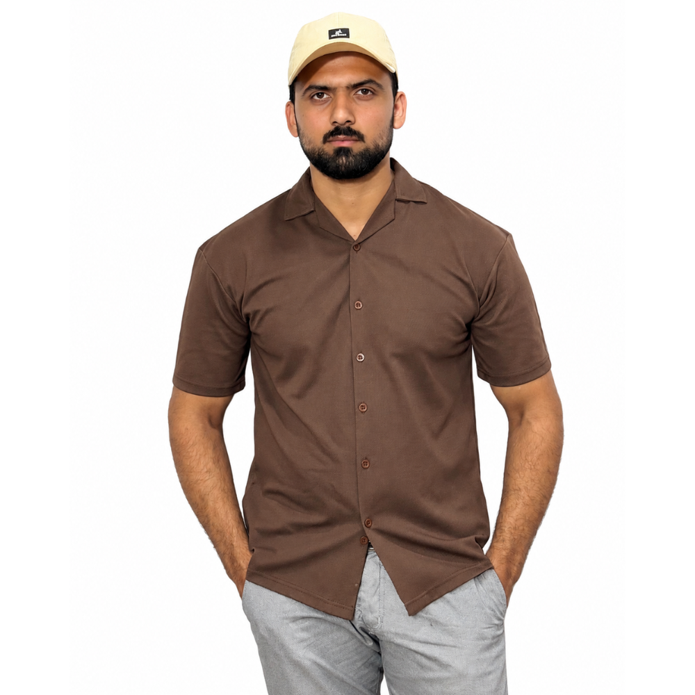 Brown Half Sleeve Cuban Collar Shirt