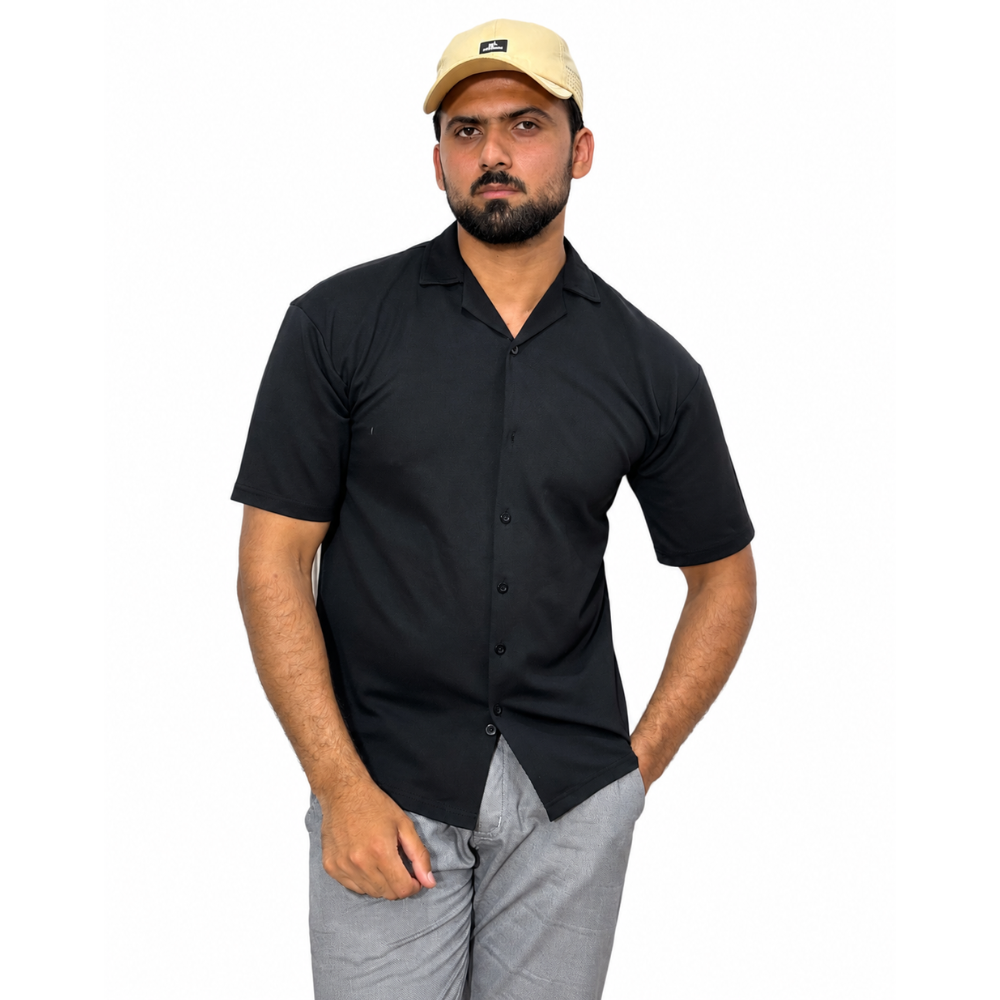 Black Half Sleeve Cuban Collar Shirt