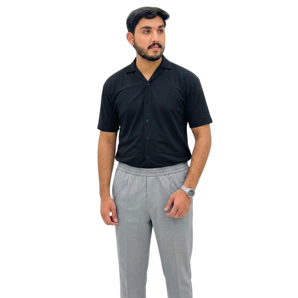 Pair of Black Cuban Collar Shirt & Light Grey Trouser