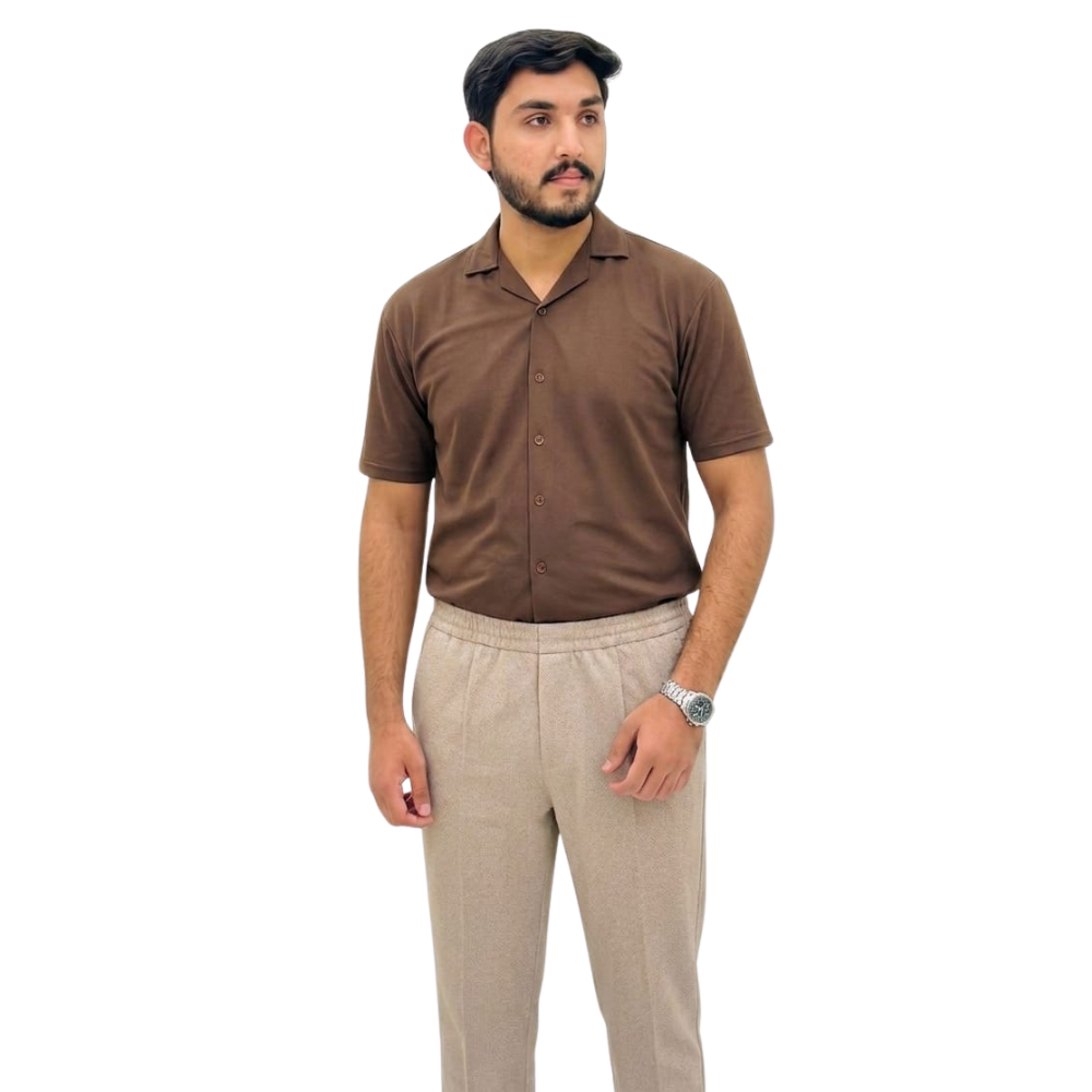 Pair of Brown Cuban Collar Shirt & Beige Trouser
